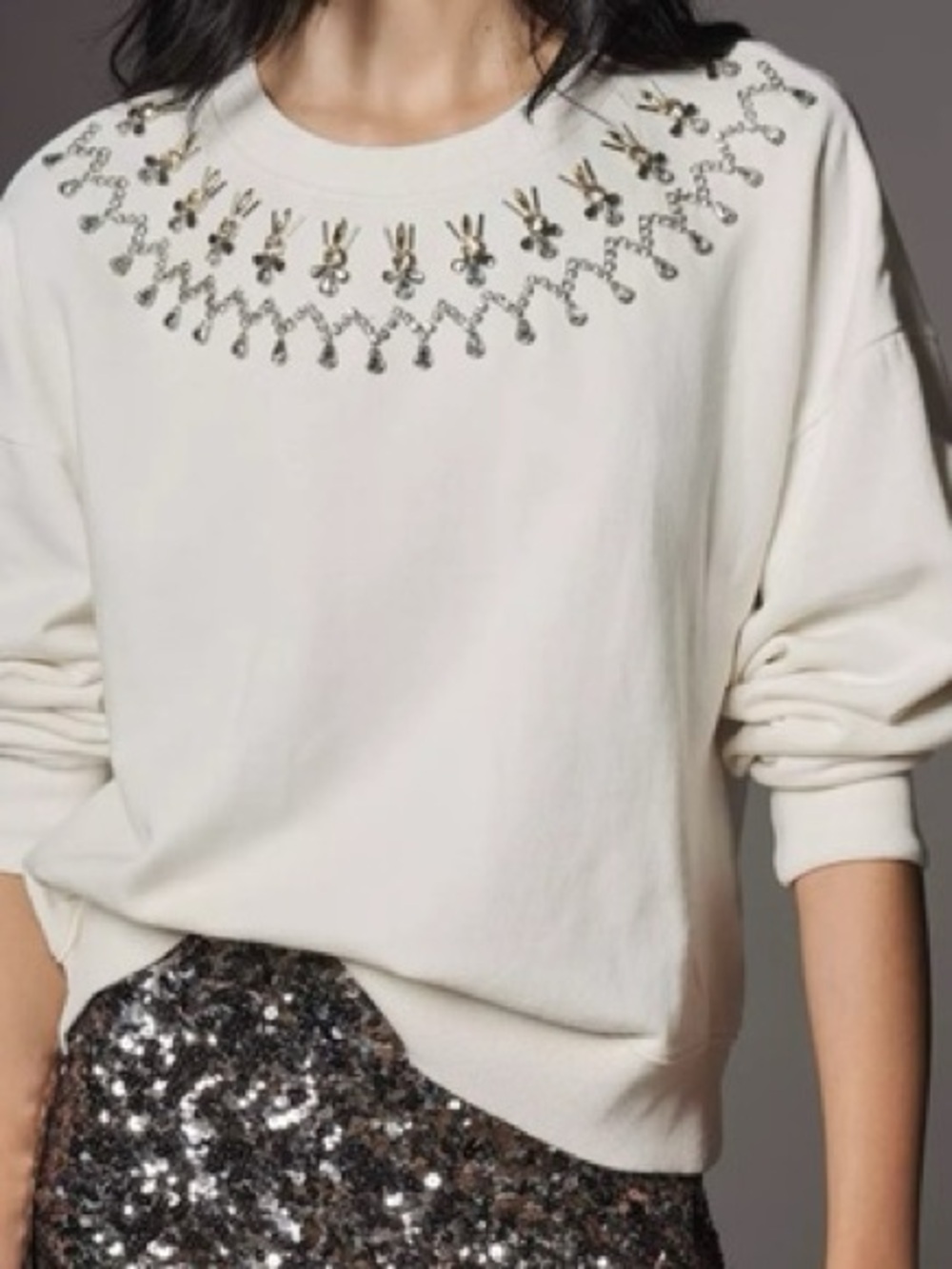 Maeve Anthropologie Embellished Collar Sweatshirt Cream Medium